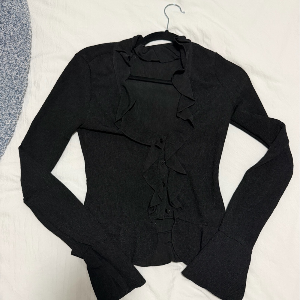 White Fox Boutique Black Ruffle Front Button-Down Top